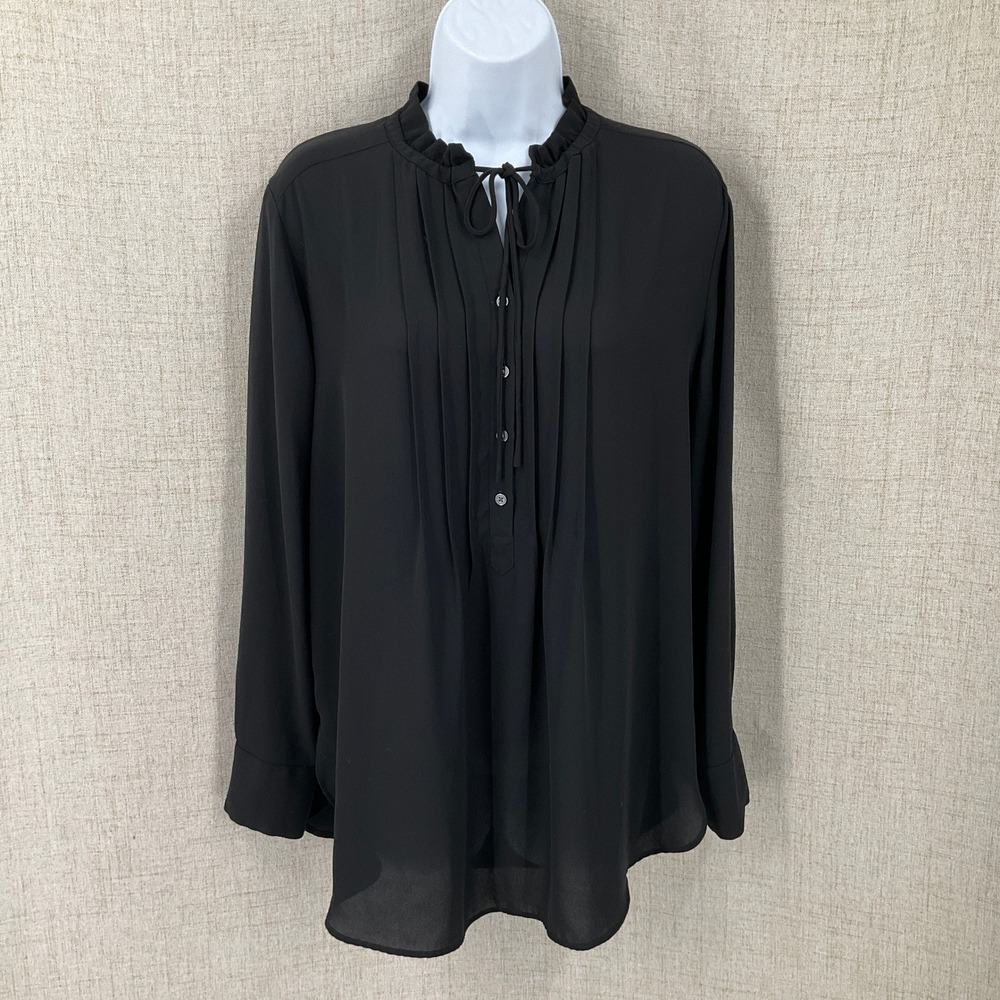 LOFT Blouse Women Medium Black Ruffle Tie Neck Pintuck Pleat Classic Minimalist